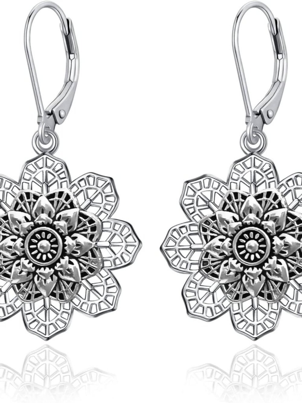 Boho Vintage Flower Earrings for Women, Silver Leverback Hollow Bohemian Dangle